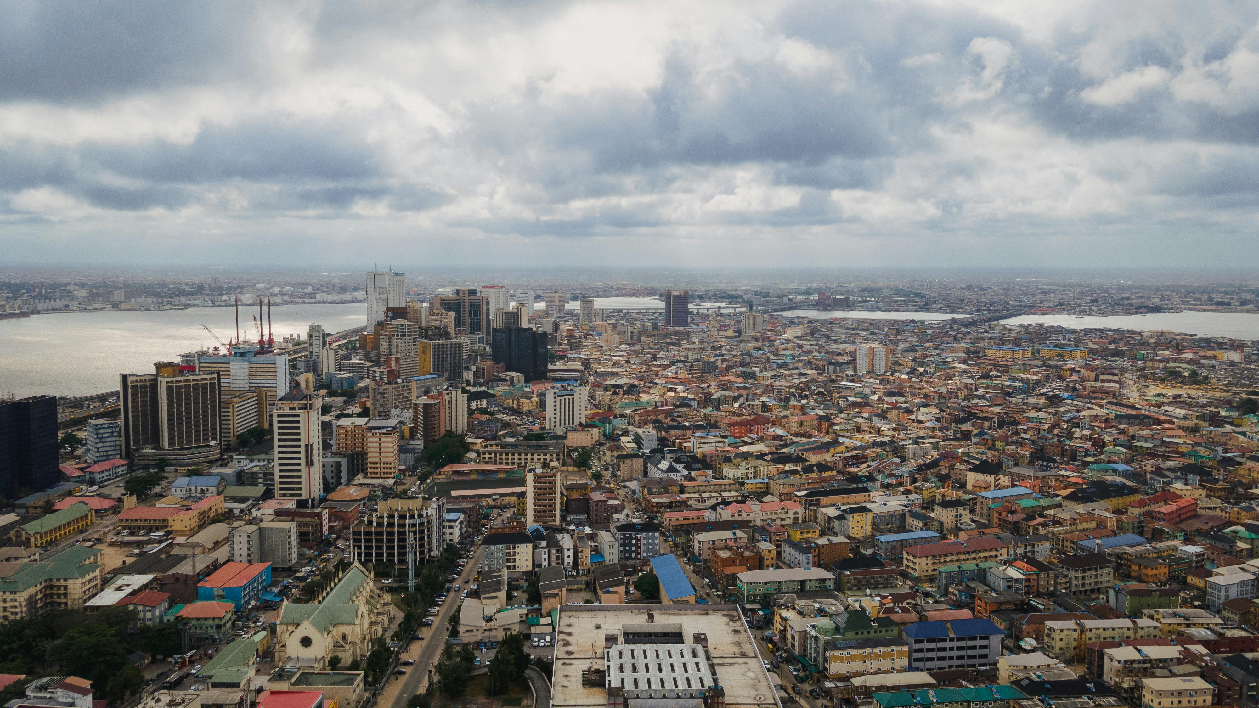 Aerial view of Lagos Nigeria cityscape and skyline with waterfront