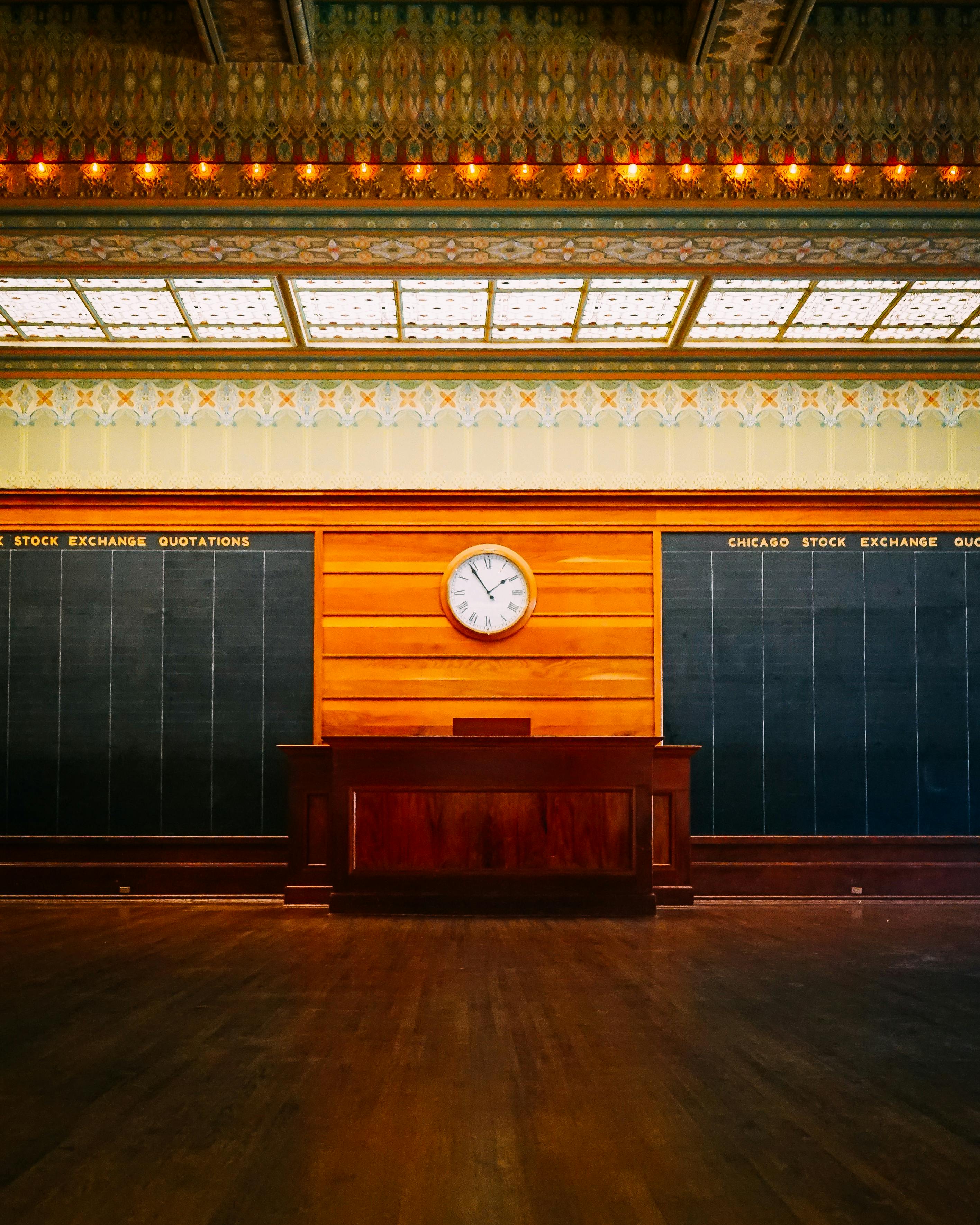 Chicago Stock Exchange Trading Room with vintage clock and wooden decor