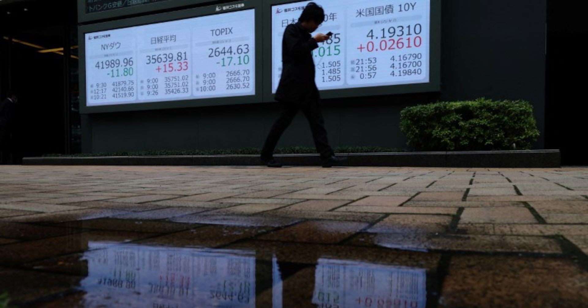 A man walks past a stock quotation board showing the Dow Jones Industrial Average, Nikkei share average, Topix average, Japan and U.S. 10-year government bond yield outside a brokerage in Tokyo