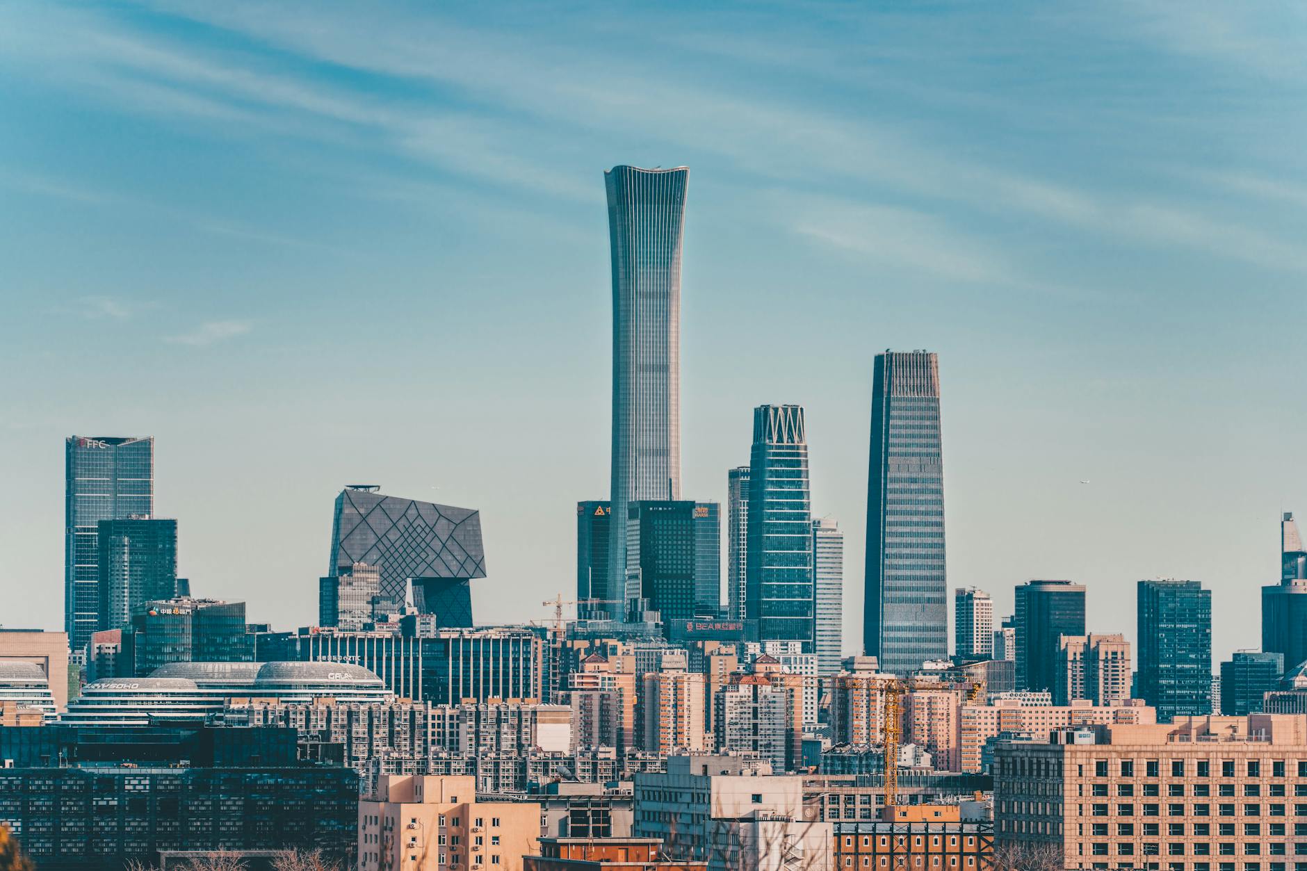Explore the stunning skyline of Beijing with the iconic China Zun tower rising prominently.