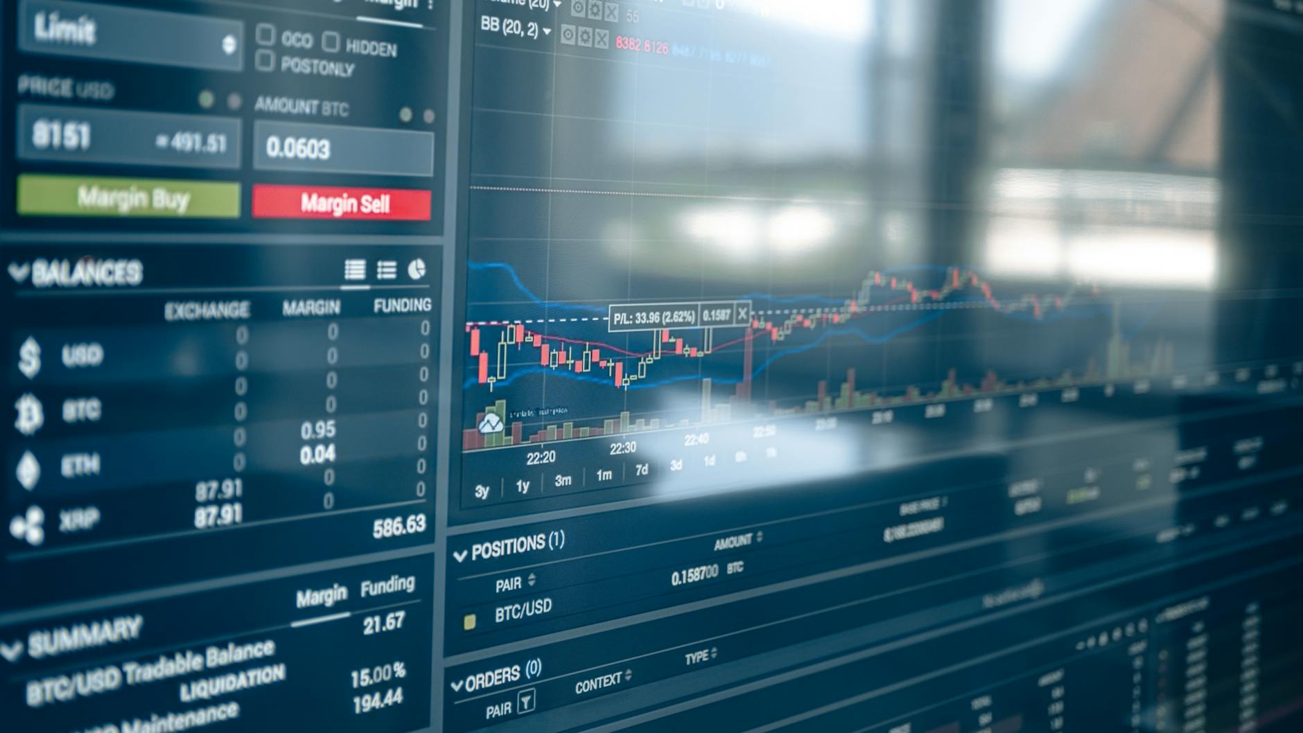 Close-up of a digital screen displaying stock trading graphs and cryptocurrency values.