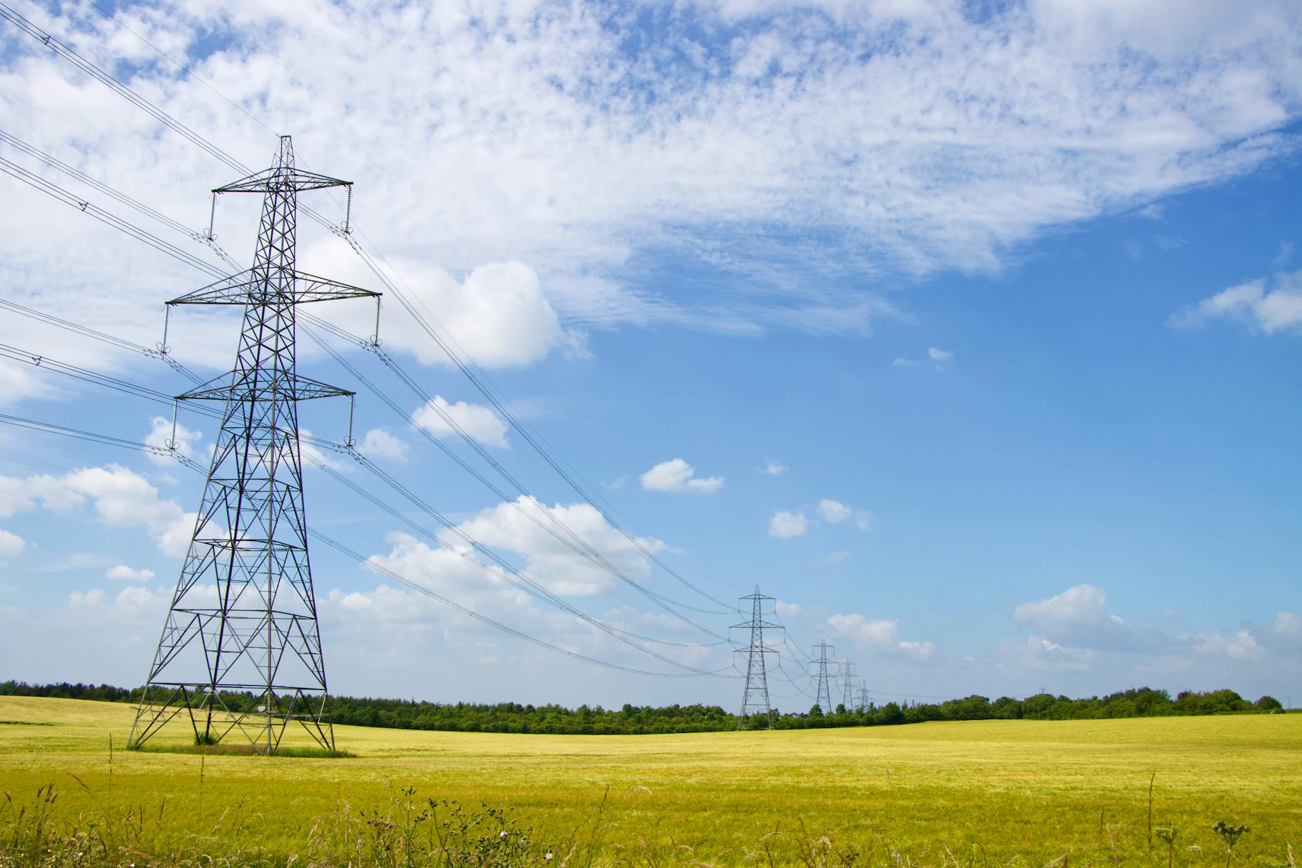 Power pylons in a field in England, illustrating Britain's electricity network.
