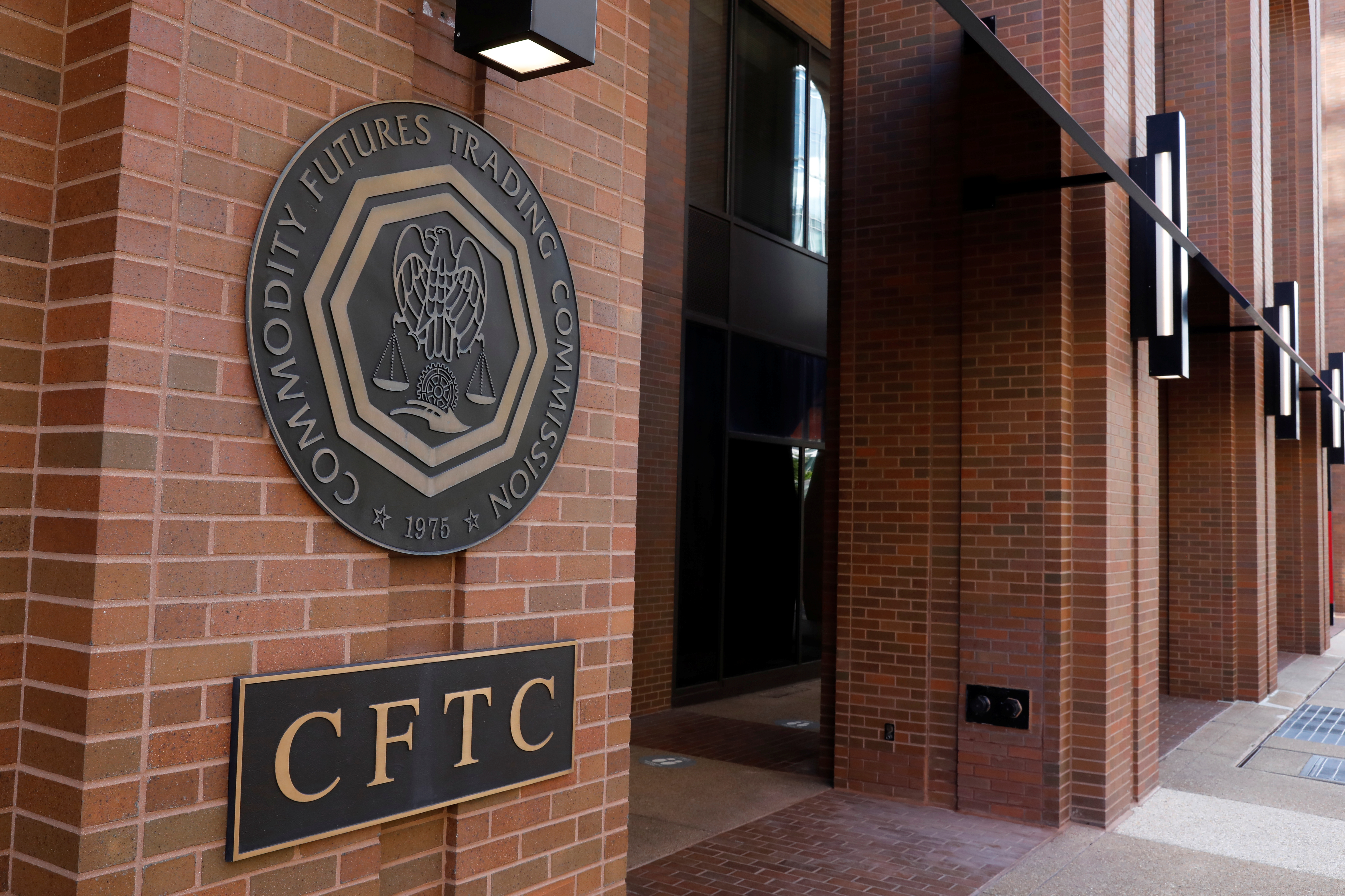 Signage is seen outside of the US Commodity Futures Trading Commission in Washington, D.C.