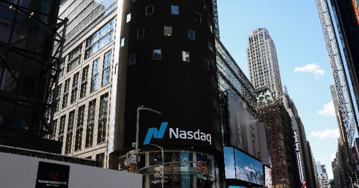 Nasdaq logo on a screen in Times Square