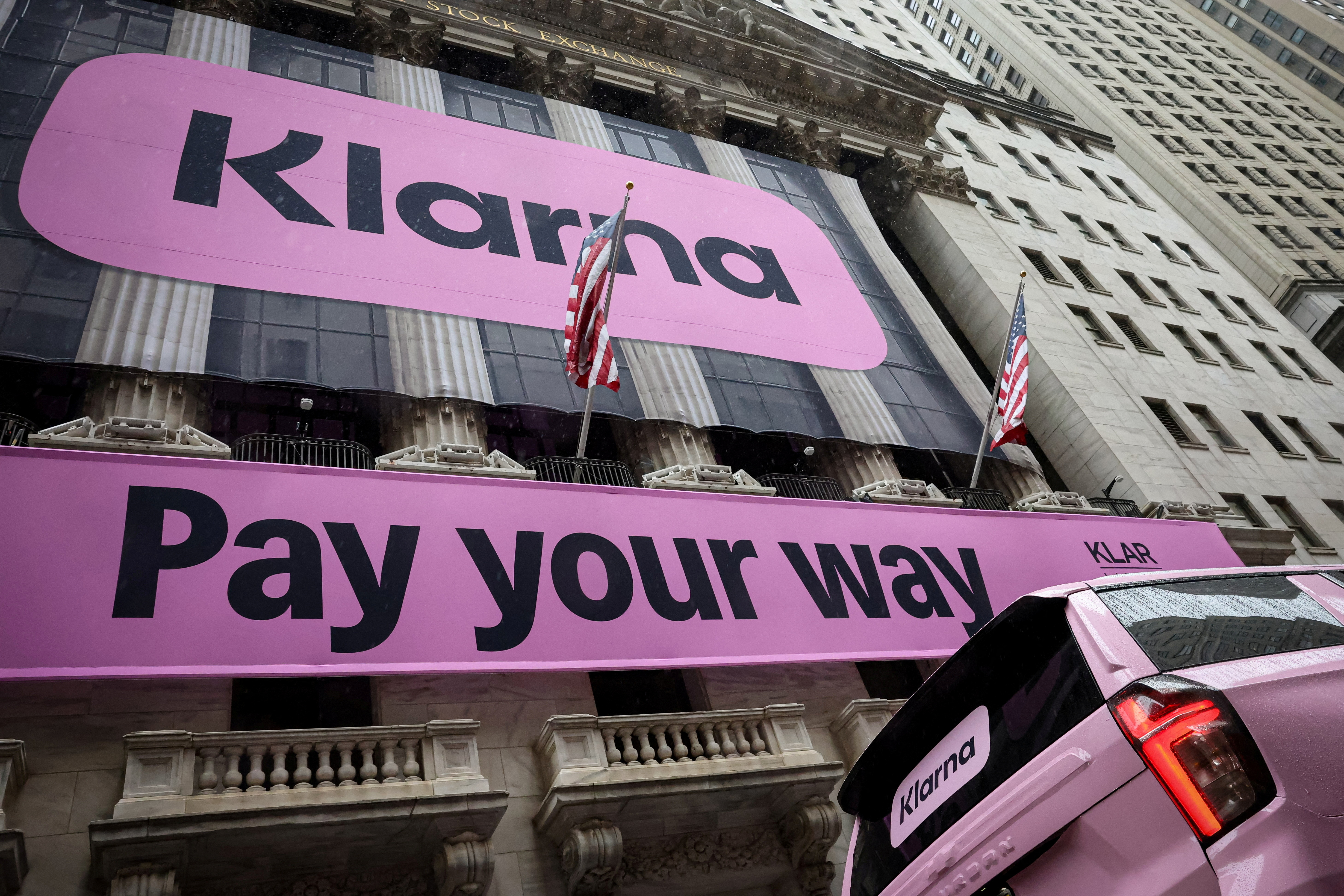 A banner for Swedish fintech Klarna on the NYSE celebrating its IPO