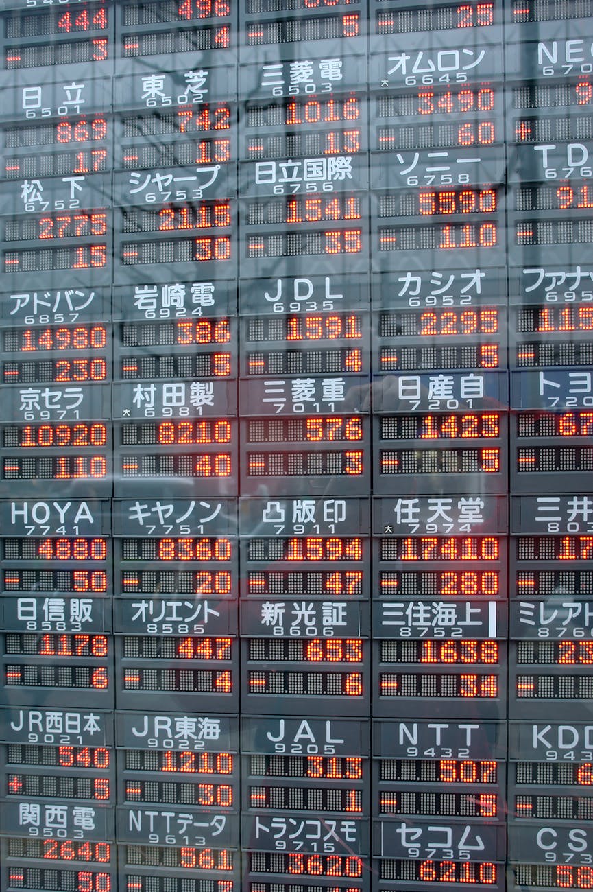 Stock market data display board with kanji characters