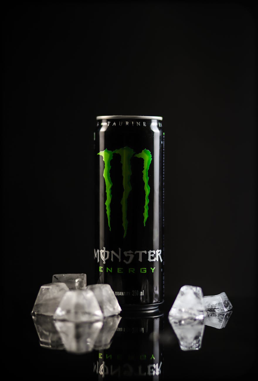 Monster Beverage energy drink cans and corporate earnings chart