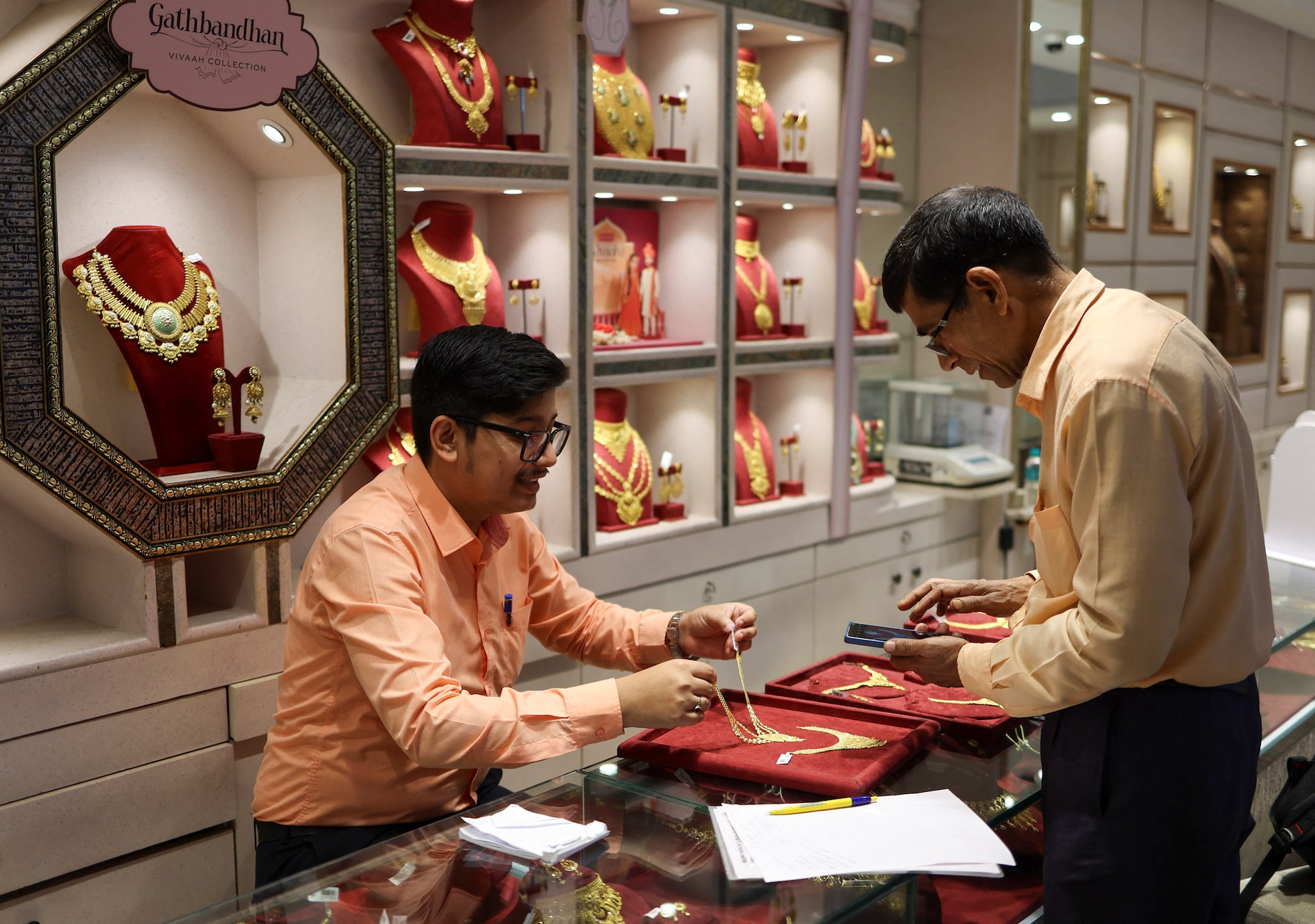 Gold jewelry on display in India after the government raised precious-metals import tariffs