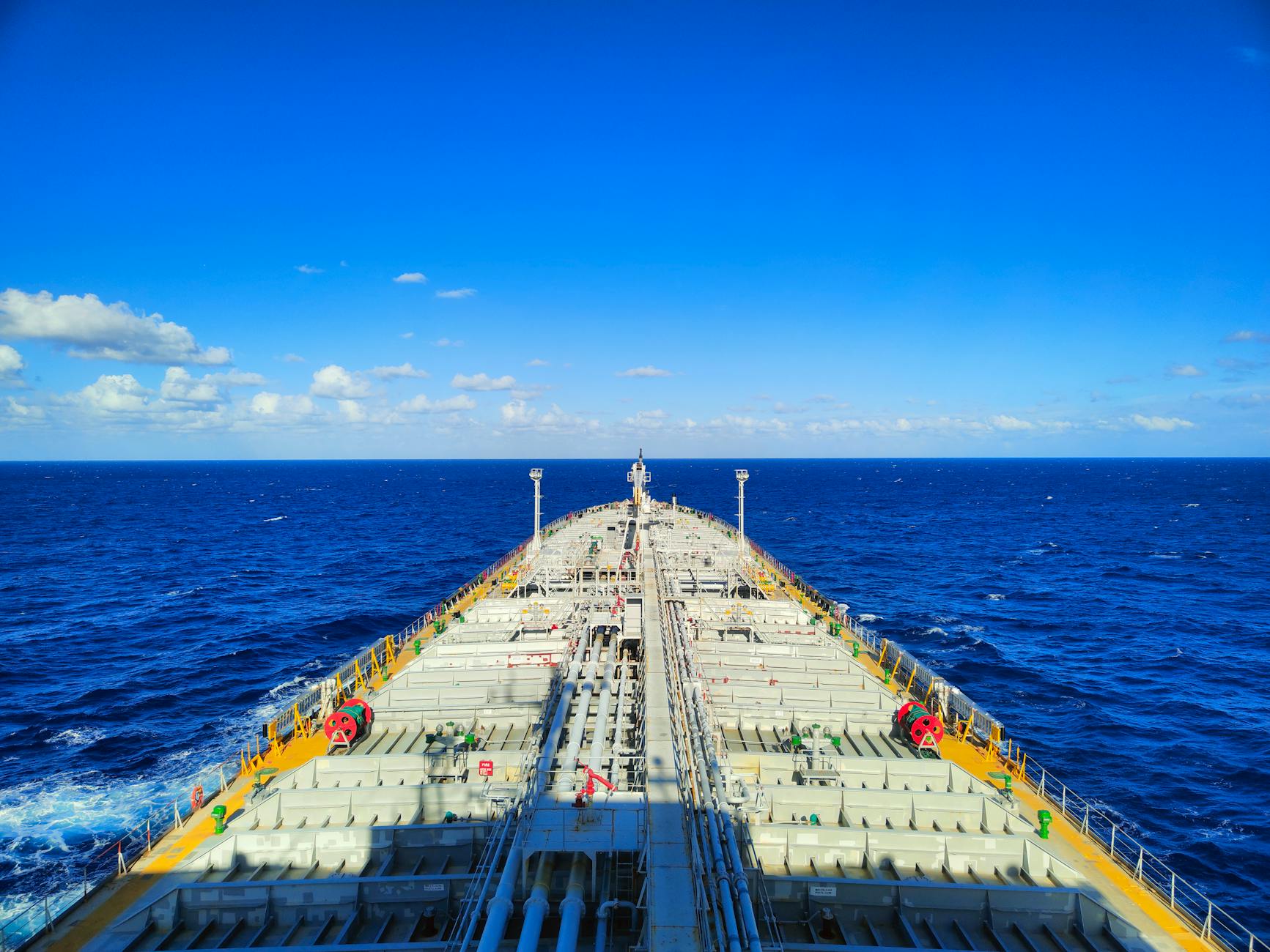 Aerial view of a tanker at sea, illustrating shipping traffic tied to the Strait of Hormuz.