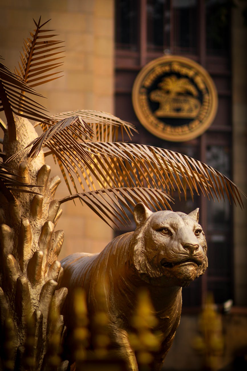 Bronze tiger statue outside the Reserve Bank of India in Mumbai.
