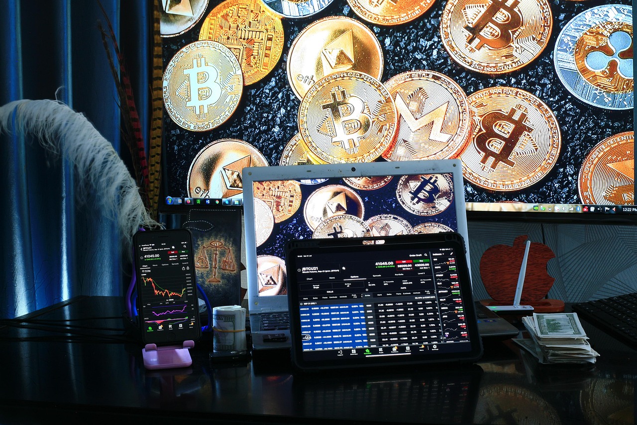 Bitcoin tokens and trading chart data representing crypto market pressure