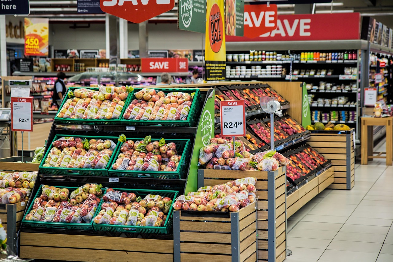 Packed grocery shelves inside a supermarket as food inflation pressures household budgets