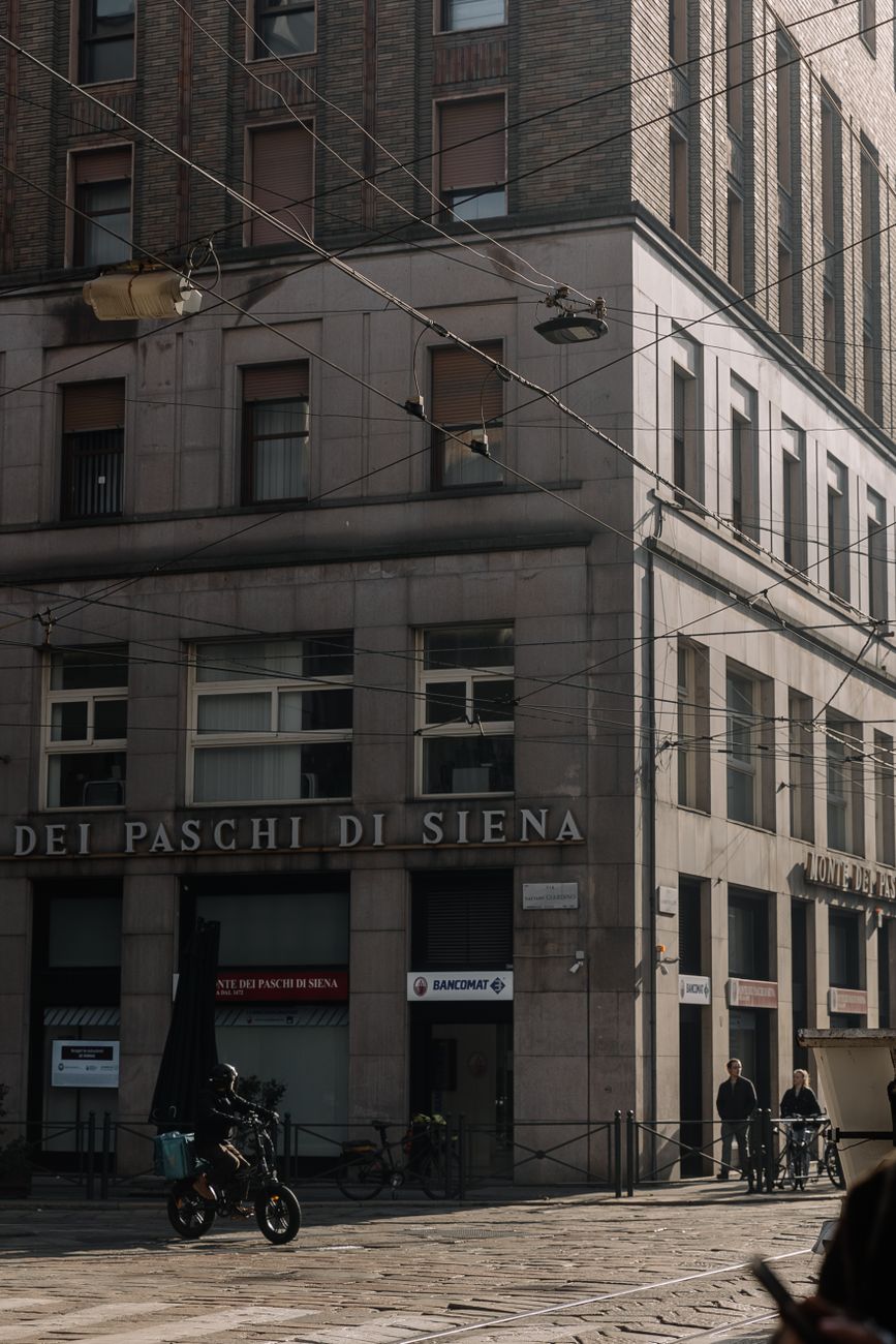 Historic Monte dei Paschi di Siena building in sunlight