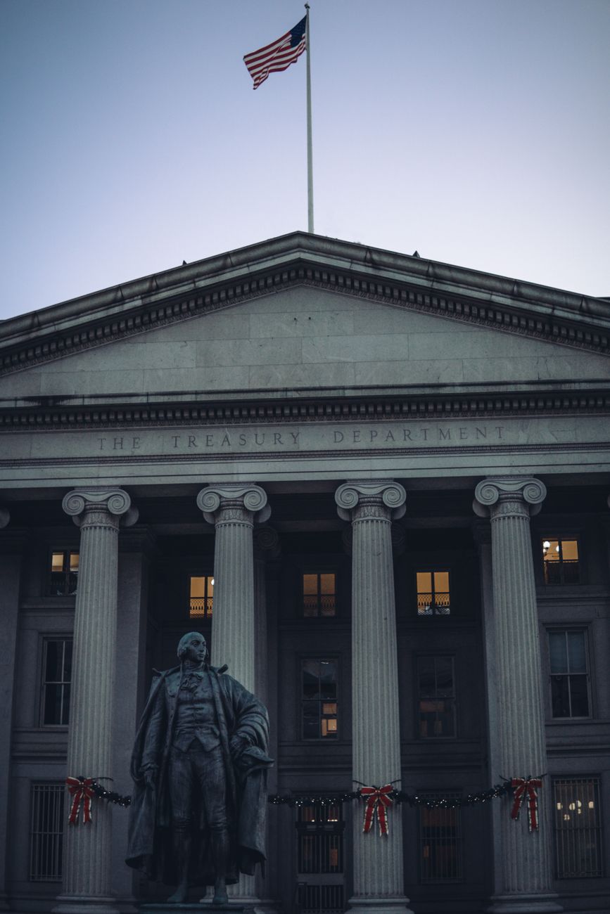 US Treasury Department facade in Washington as markets weigh Federal Reserve rate policy