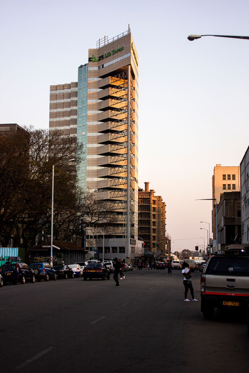 High-rise buildings and traffic in downtown Harare, Zimbabwe