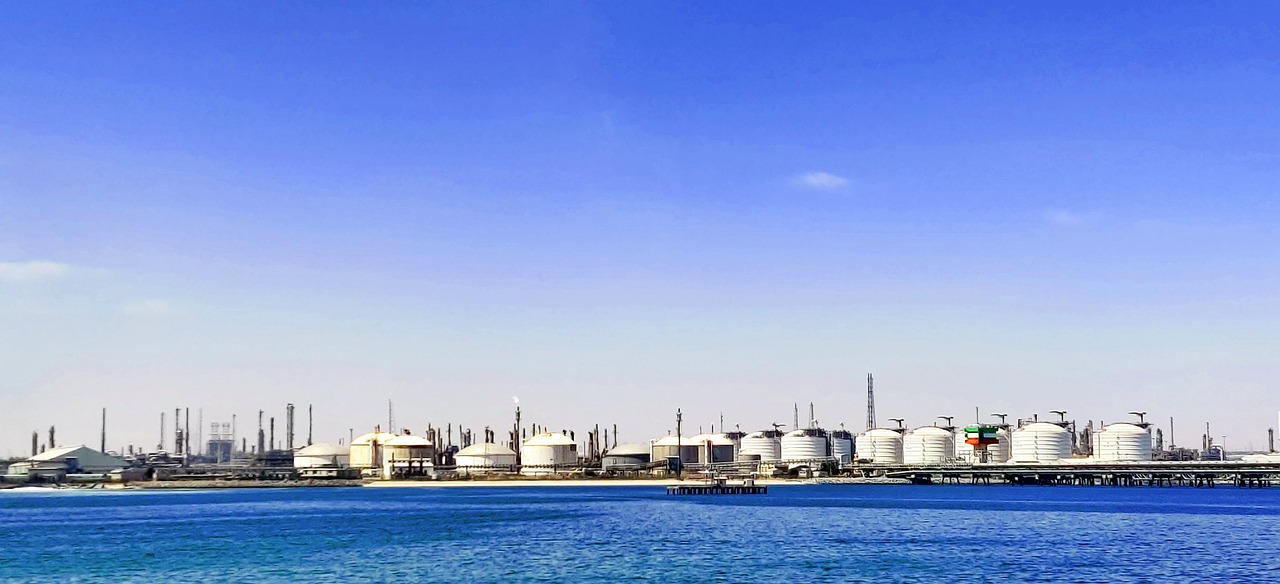 Crude oil storage tanks at an oil terminal