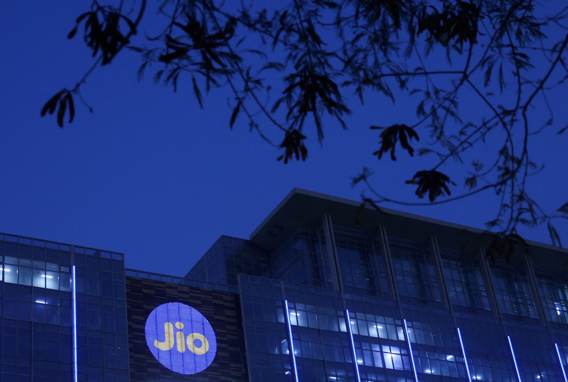 Reliance Industries Jio telecoms logo displayed on the Jio World Convention Centre building in Mumbai