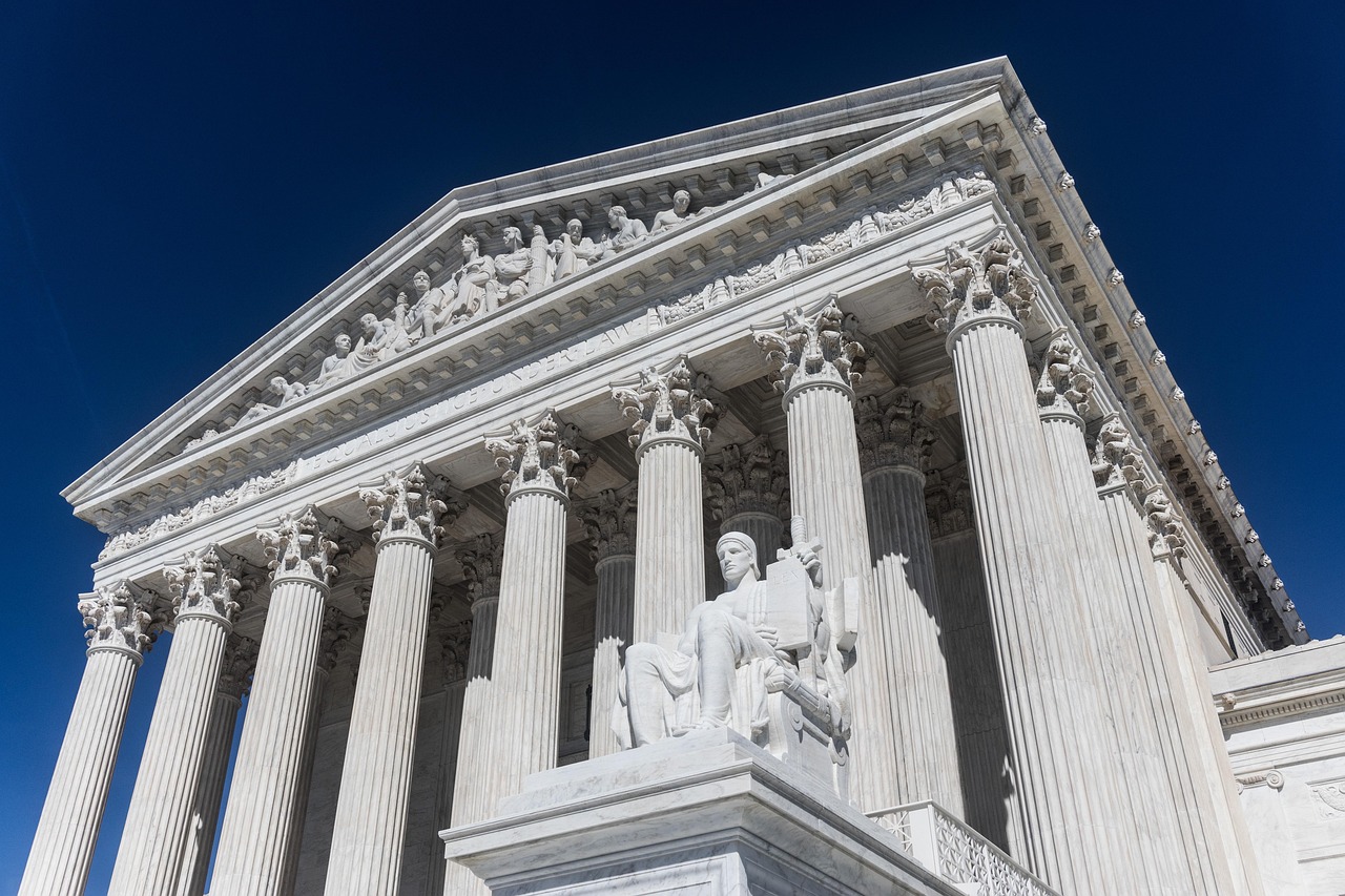 Front view of the US Supreme Court building in Washington, DC.
