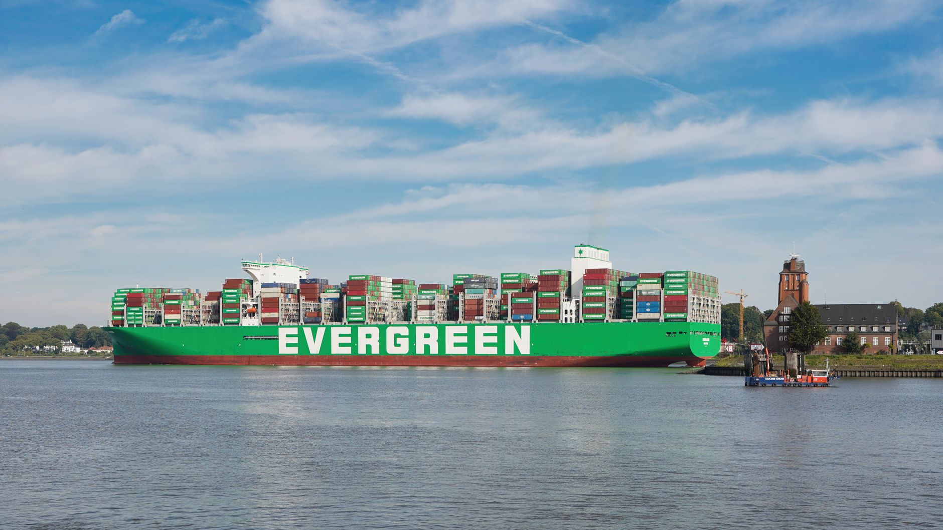 Evergreen container ship docked at port