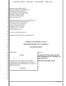 Thumbnail image of the first page of Apple's federal court complaint