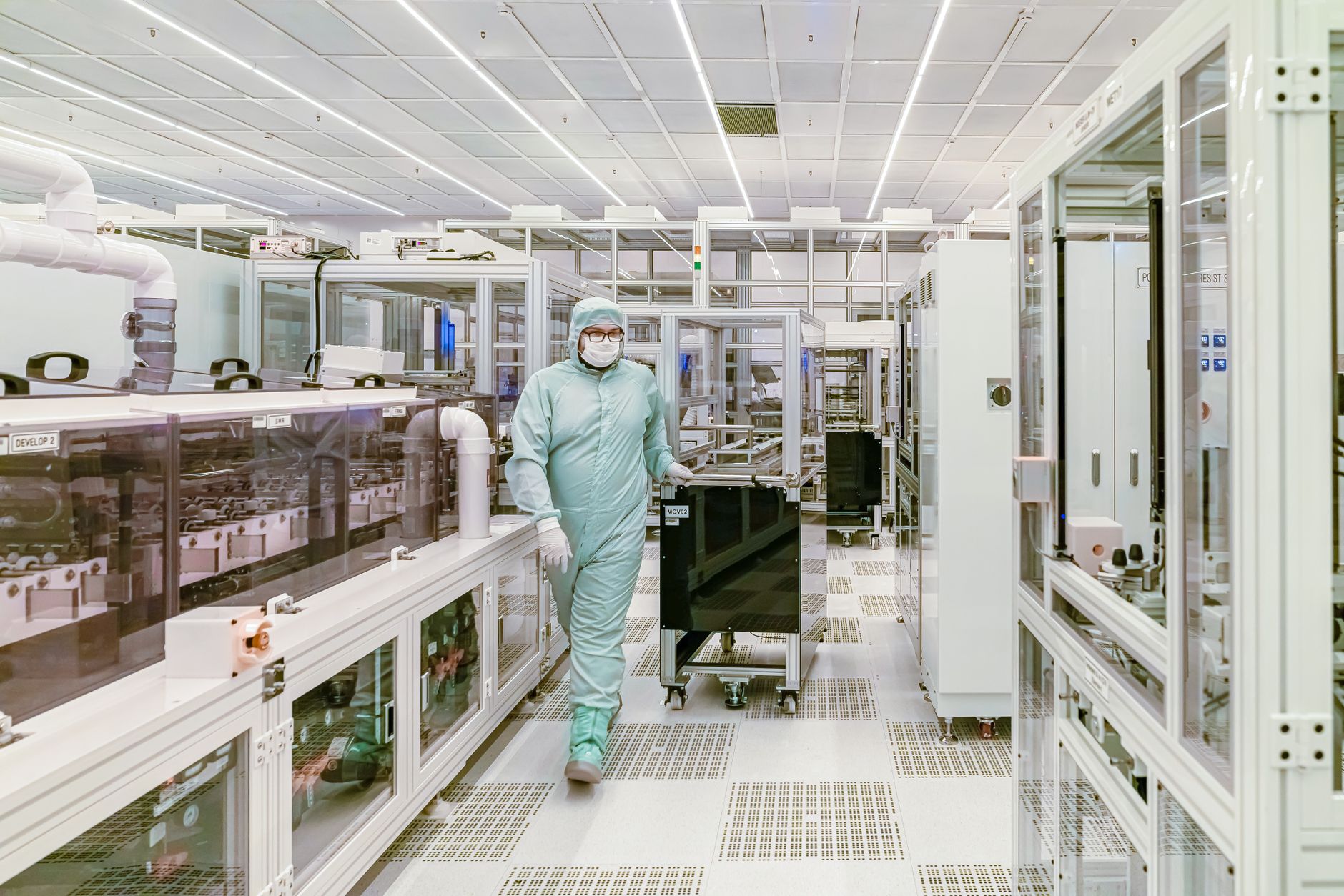 Close-up of semiconductor manufacturing equipment components illustrating chipmaking capacity.