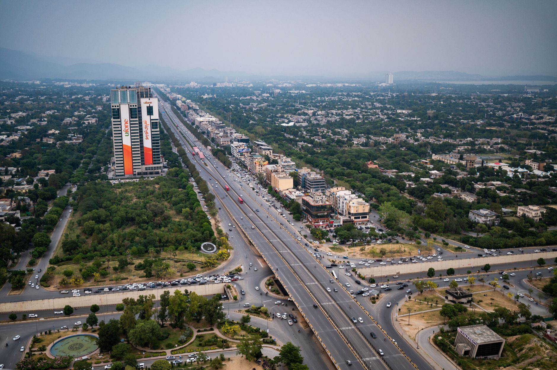 An aerial view of Islamabad Expressway showcasing the city's urban landscape and modern architecture.