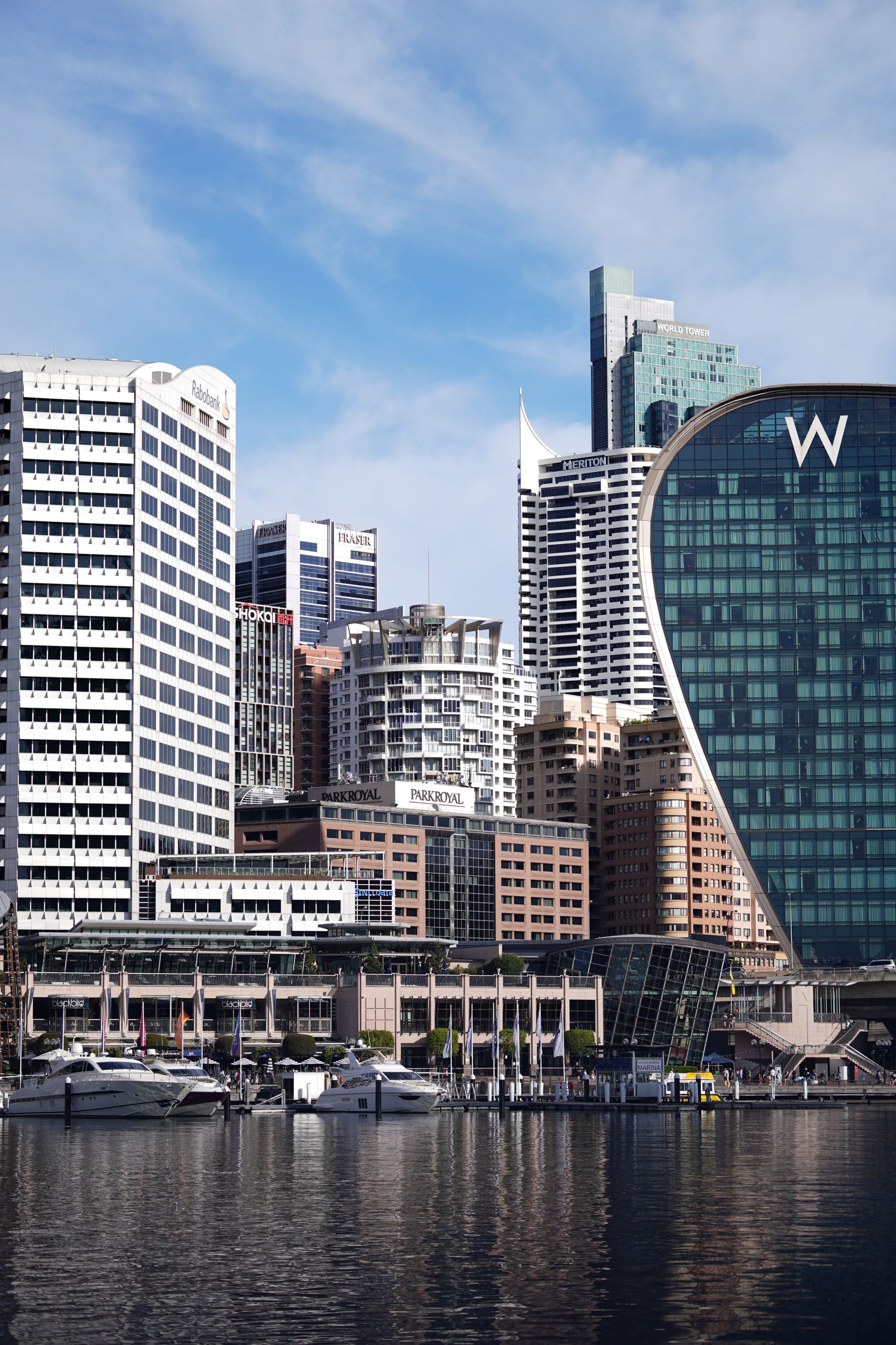 Skyline of Sydney featuring modern skyscrapers by the waterfront with clear blue sky.